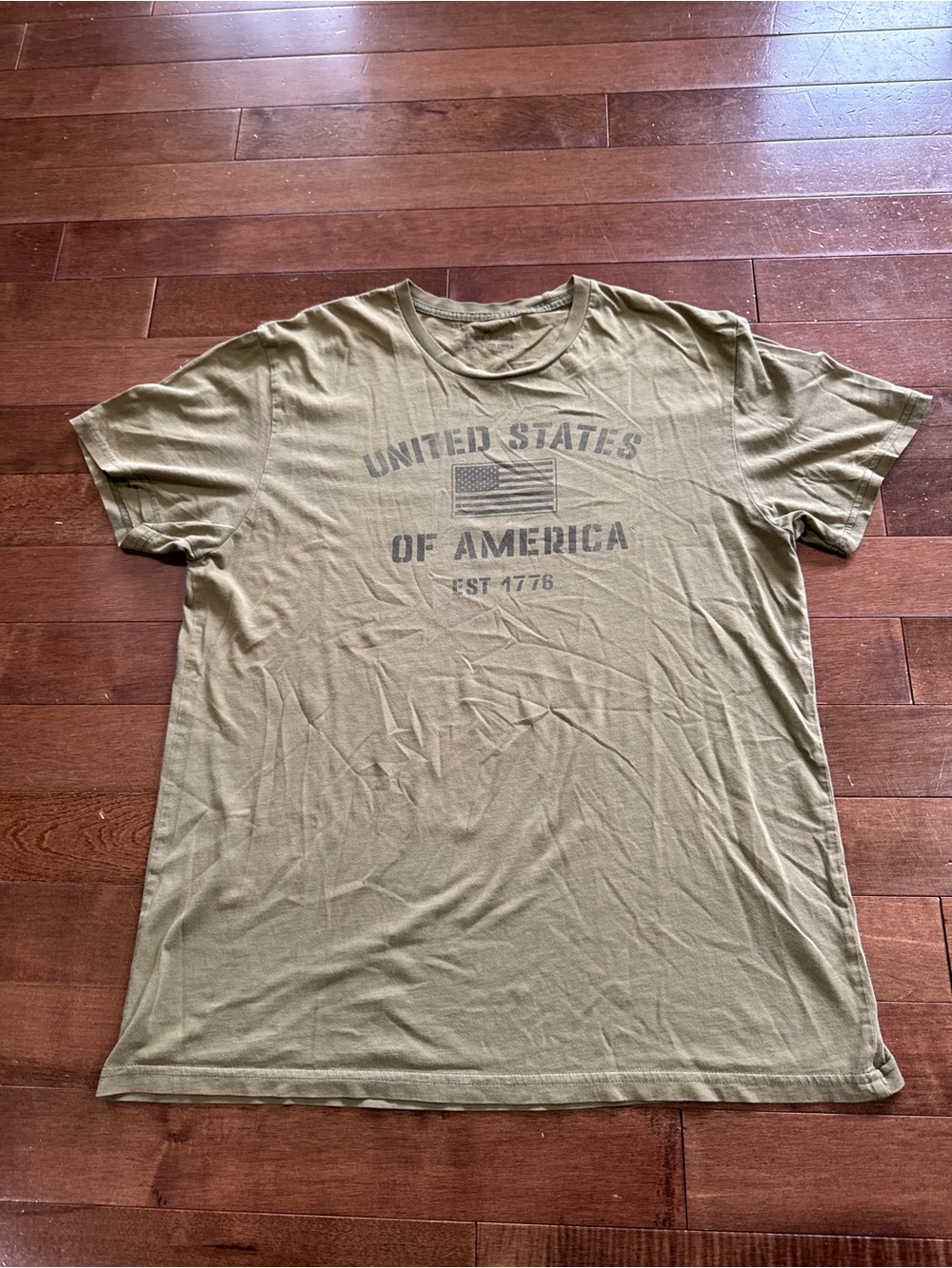 General Standard Mens USA Flag Graphic T-Shirt Olive Green Cotton Made in USA